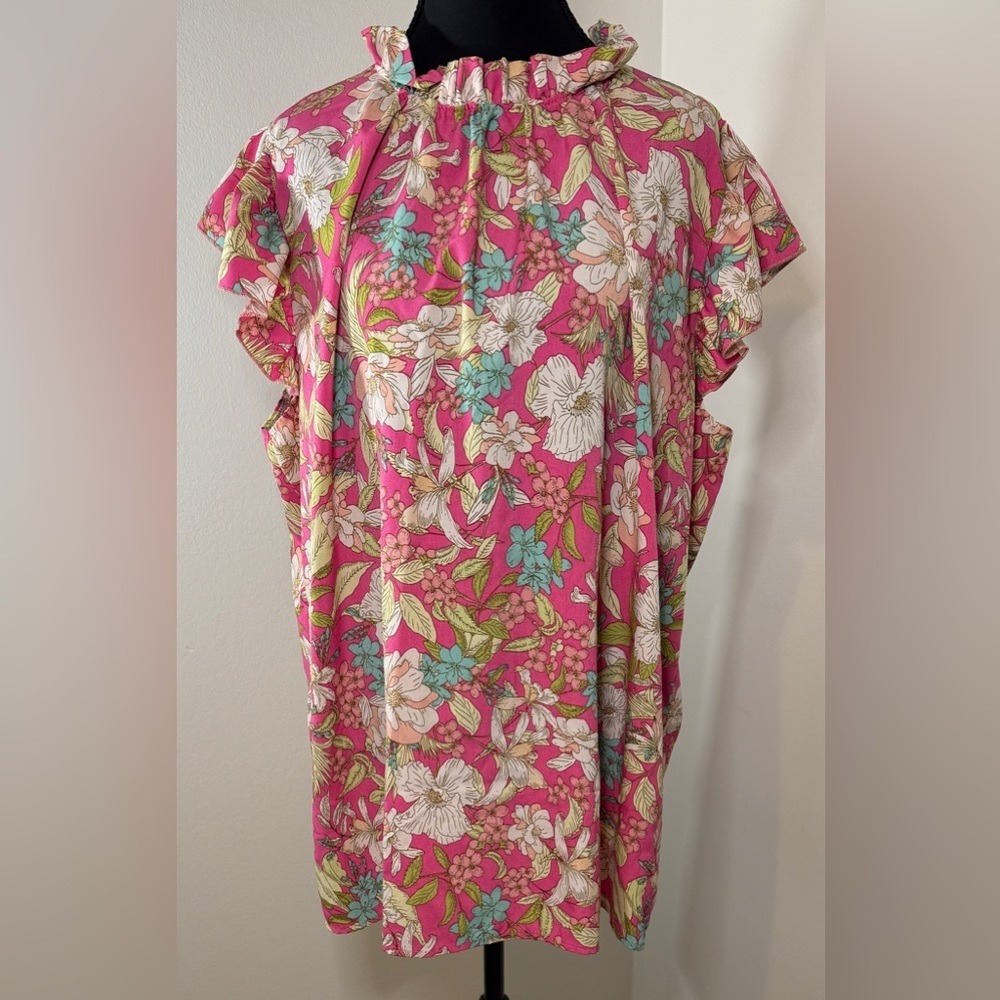 BIBI Pink Floral Flutter Sleeve Ruffle Neck Blouse Top Womens XL